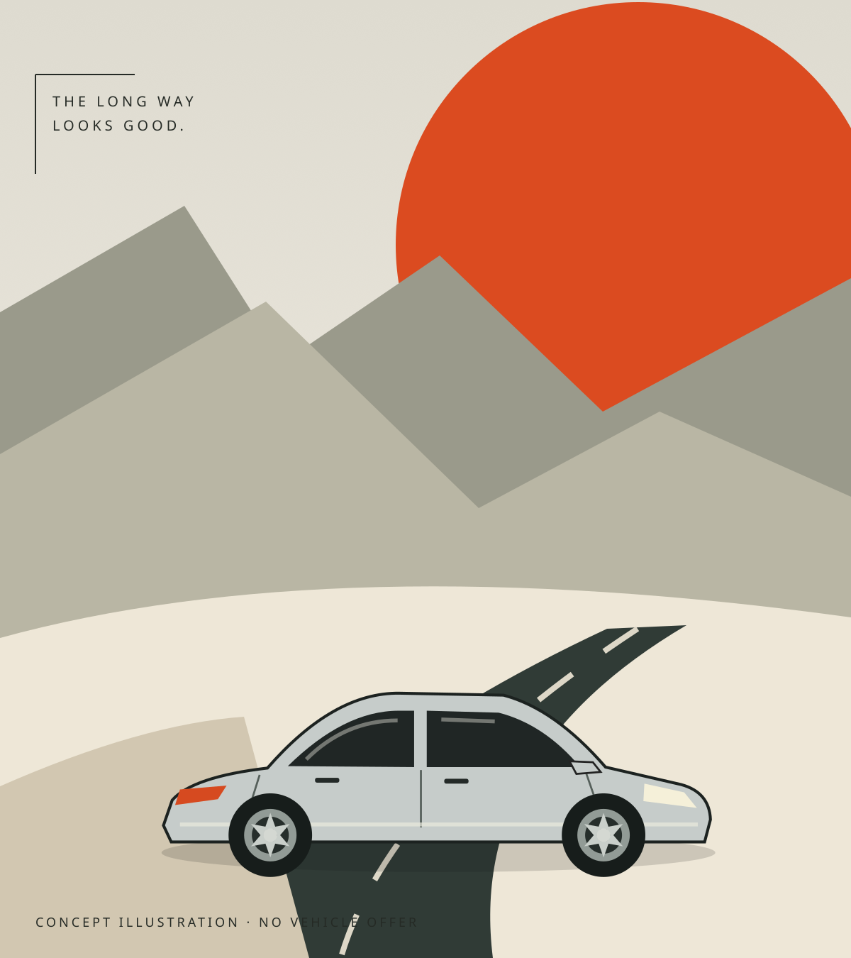 Original illustration of a silver hatchback, a winding road and a large orange sun
